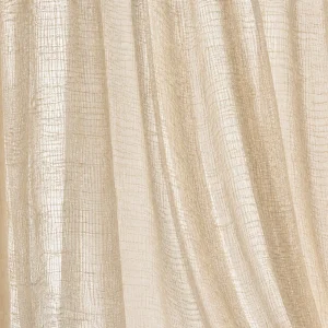Warm beige sheer lace curtain fabric 330 cm wide with soft linen-look texture